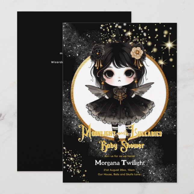 Goth Baby Shower Cute Girl Moonlight Lullabies Inbjudningar (Fram/baksida)
