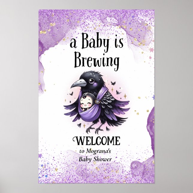 Goth Baby Shower Välkomstskylt Svart Lila Kråka Poster (Framsidan)