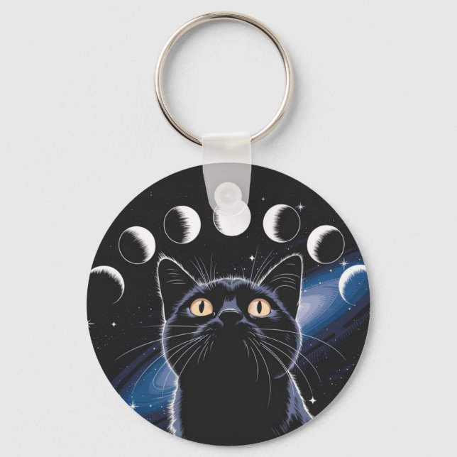 Goth Black Cat, Goth Gift, Witching Hour Black Cat Nyckelring (Framsida)