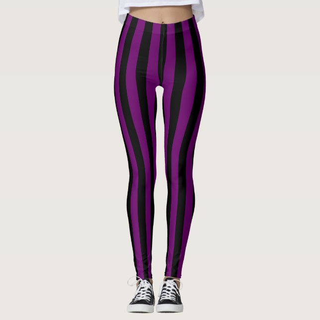 Goth Black Lila Lodrät Wide Rand Leggings (Framsida)
