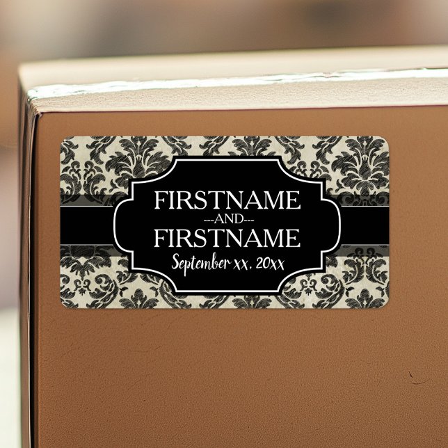 Goth Black Snöre och Parchment Bröllop-årsdagen Adressetikett (Custom Label with Wedding Bride and Groom)