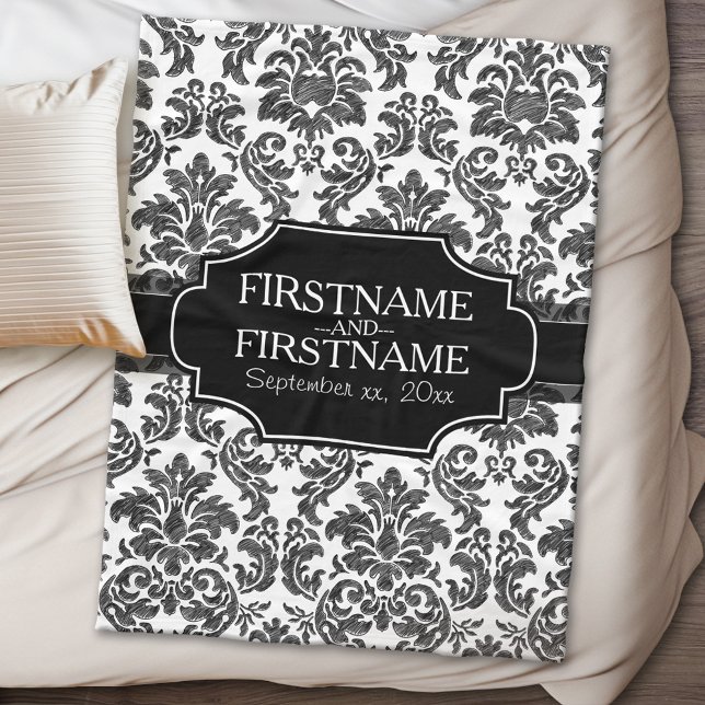 Goth Black Snöre och Parchment Bröllop-årsdagen Fleecefilt (Personalized wedding anniversary fleece blanket)