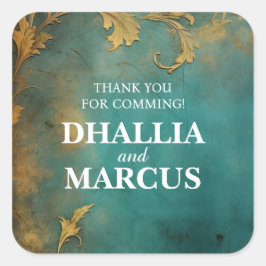 Goth Blommigt Teal och Guld Fyrkantigt Klistermärke