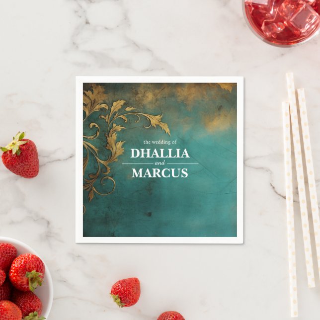 Goth Blommigt Teal och Guld Pappersservett (Insitu)