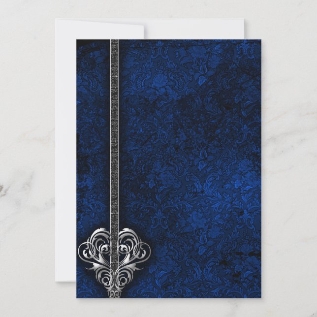 Goth Blue Damask Silver Heart bröllop Inbjudningar (Framsida)