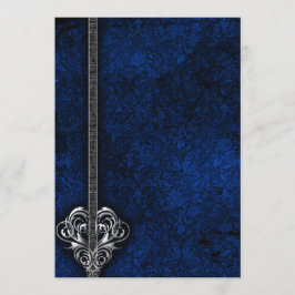 Goth Blue Damask Silver Heart bröllop Inbjudningar