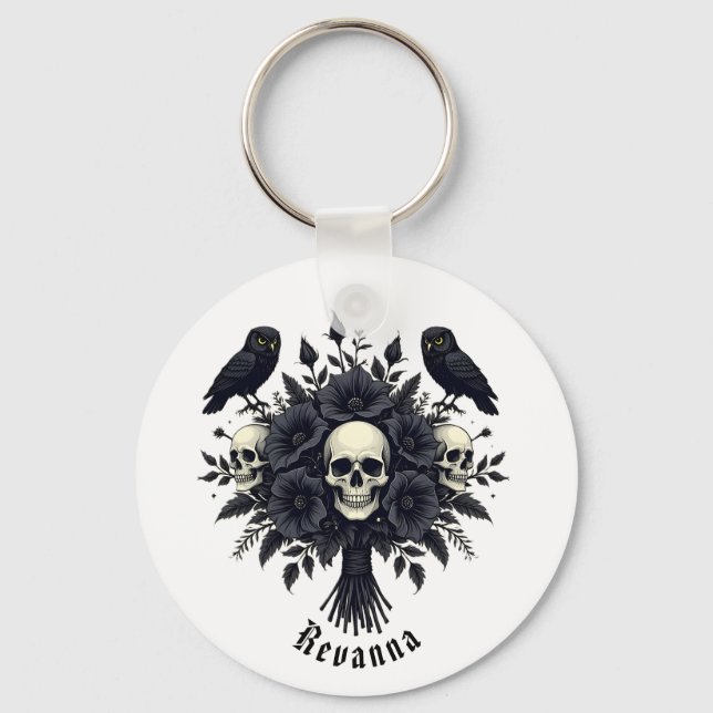 Goth Bouquet with Three Skulls and Two Owls Nyckelring (Framsida)