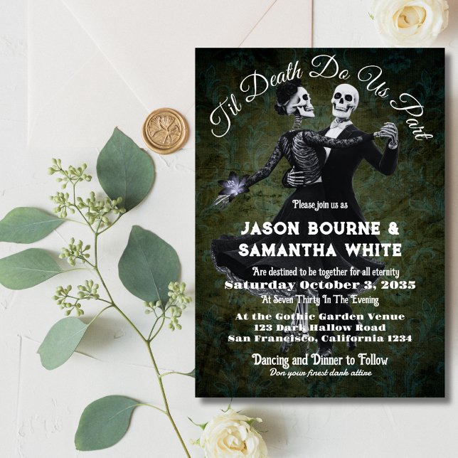 Goth Bröllop Skeletons Dancing & Flower Elegant Inbjudningar (Skapare uppladdad)