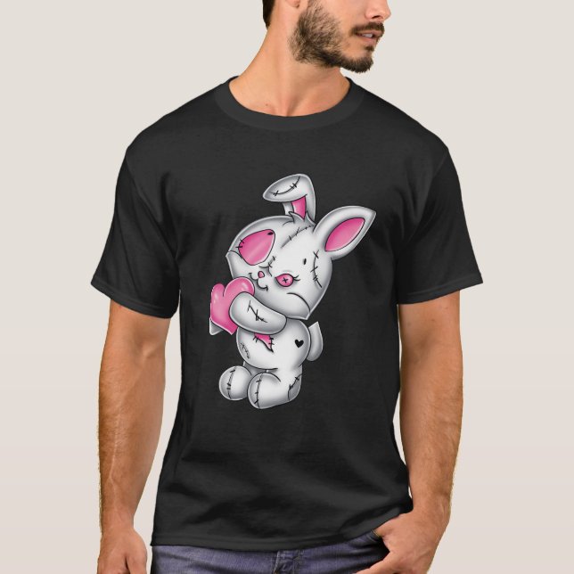 Goth Bunny Cute Creepy Emo Gothic White Bunny Rosa T Shirt (Framsida)