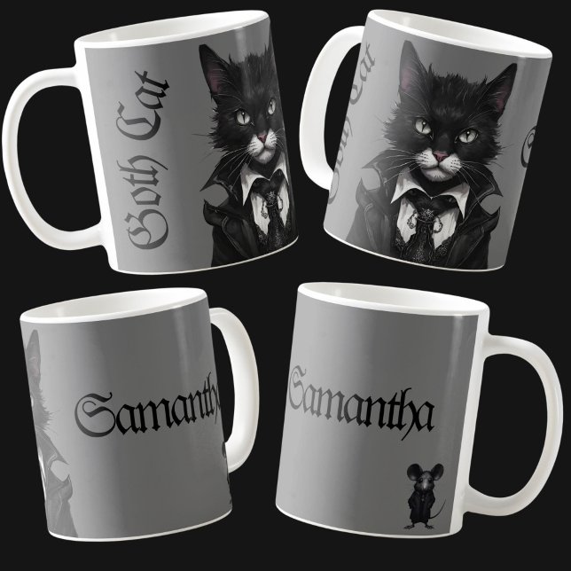 Goth cat with Mouse Personlig Namn Mörk Kaffemugg (Skapare uppladdad)