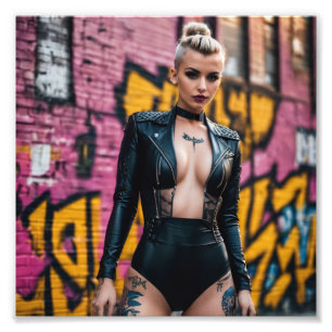 Goth Cyber Punk Girl Graffiti Alley Black Leather Fototryck