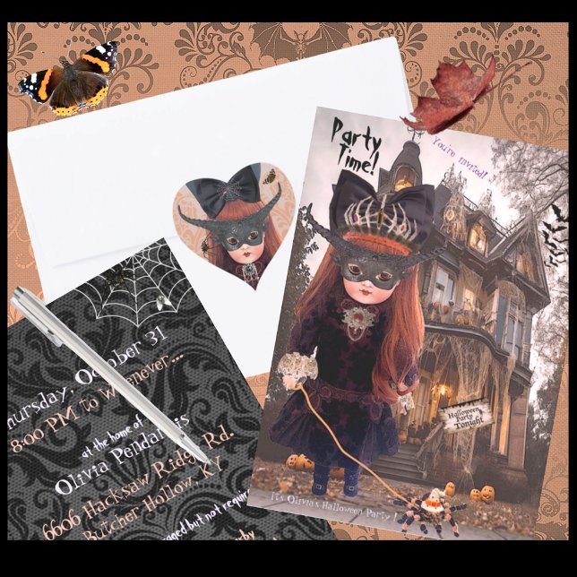 Goth Doll Halloween fest-inbjudan Inbjudningar (Seal your invitations with matching Stickers!  A Happy Halloween Card in this design also available!)