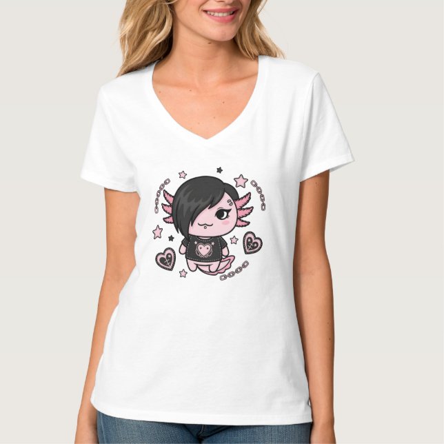 Goth E-Girl Axolotl with Pink Chains and Hearts T Shirt (Framsida)