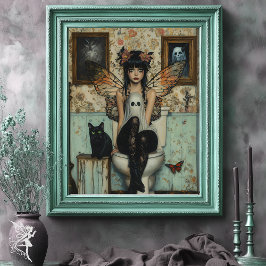 Goth Fairy with Ghost Sitta on Toilet Quirky Art Poster