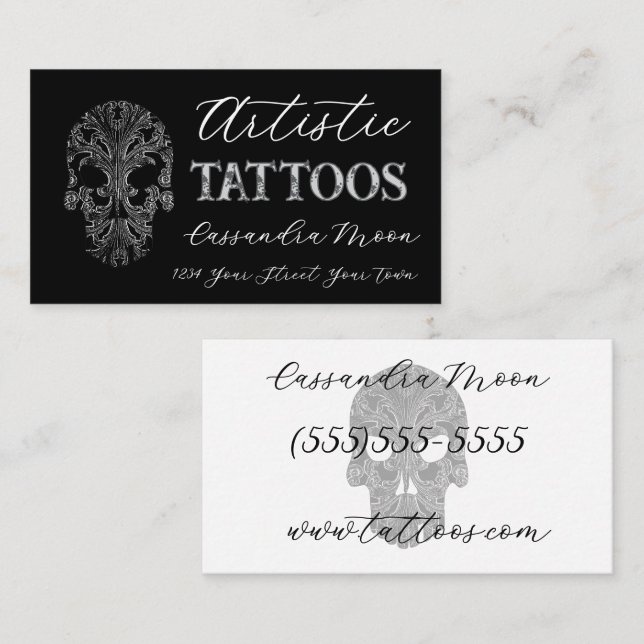 Goth Filigree Skull Tatoo Studio Visitkort (Fram/baksida)