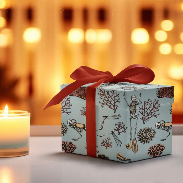 Goth Fransk Blue Skeleton Scuba Divers and Coral Presentpapper (Hand-Drawn in Black Ink, Skeleton Scuba Divers Swim among Red Corals Against French Blue Background.)