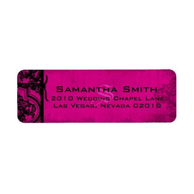Goth Fuchsia Black Damask WedLabels Labels Returadress Etikett (Framsidan)