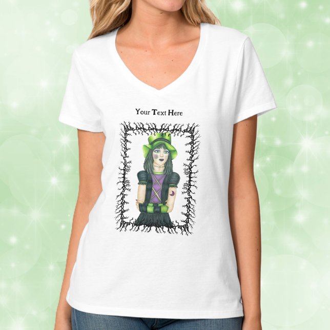 Goth Girl Grönt Hat Tattoos Barbed Black Grenar T Shirt (Pretty Goth girl green hat tattoos framed in black barbed branches on woman's tee shirt.)