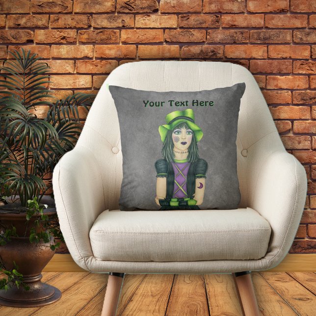 Goth Girl Grönt Hat Tattoos på Grått Kudde (PRetty goth girl green hat black dress tattoos on dark grey throw decorative pillow.)