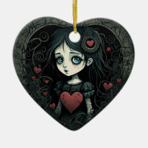 Goth Girl Helgdag Ornament Heart Illustrated