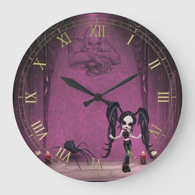 Goth Girl med Spider Wall Clock Stor Klocka (Framsida)