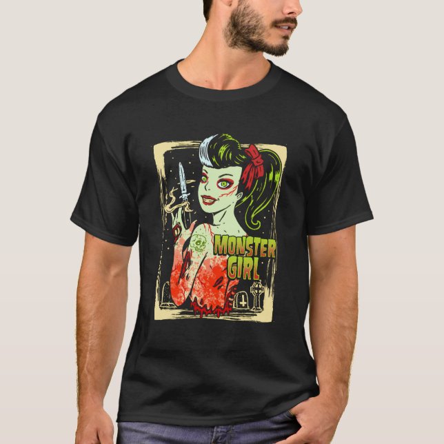Goth Girl Monster Pinup Zombie Rockabilly T Shirt (Framsida)