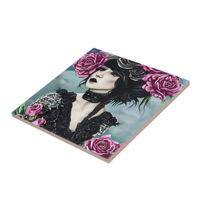 Goth Girl rosa ros fantasy art Kakelplatta (Sidan)
