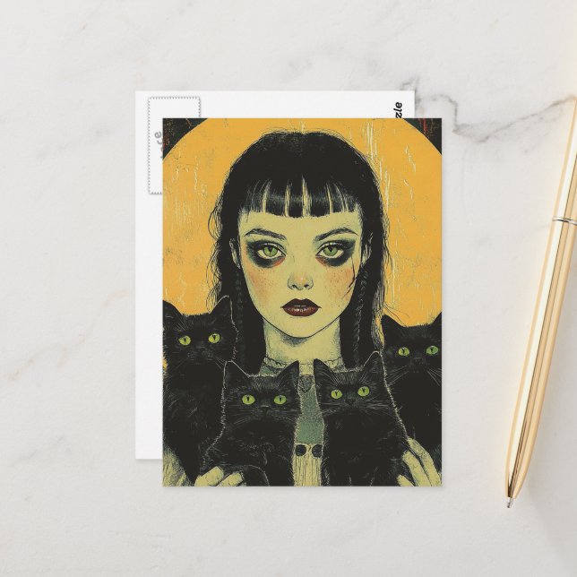 Goth Girl With Four Black Cats Vykort (Fram/Back In Situ)