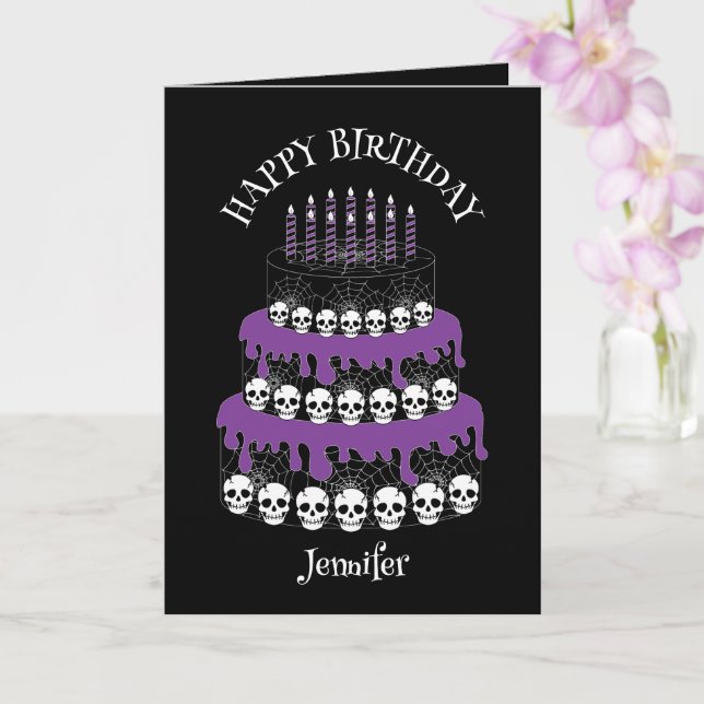 Goth Grunge Skulls Cake Happy Birthday Kort (Orkide)