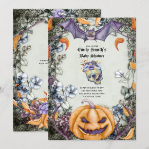 Goth Halloween Baby Shower Lila Orange Döskallar Inbjudningar