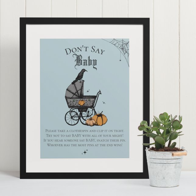 Goth Halloween säger inte Baby blue Shower Game Poster (Elegant & Whimsical Gothic Baby Shower Game Poster. Frame Not Included. Hand-Drawn Illustrations.)