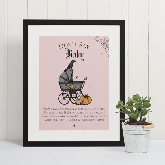 Goth Halloween säger inte Baby Rosa Shower Game Poster (Elegant & Whimsical Gothic Baby Shower Game Poster. Frame Not Included. Hand-Drawn Illustrations.)