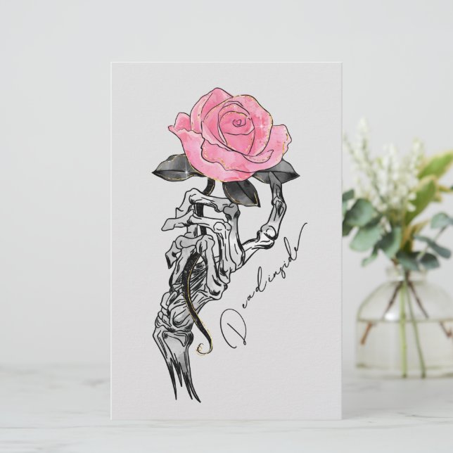 Goth Hand Skeleton med Rosa ros | Inuti Brevpapper (Stående Fram)