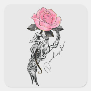 Goth Hand Skeleton med Rosa ros Inuti Fyrkantigt Klistermärke