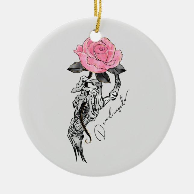Goth Hand Skeleton med Rosa ros | Inuti Julgransprydnad Keramik (Framsidan)