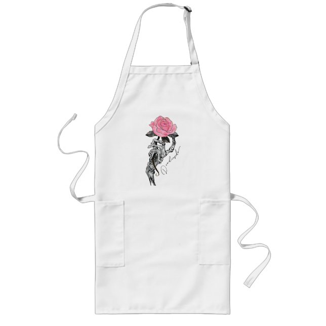 Goth Hand Skeleton med Rosa ros | Inuti Långt Förkläde (Framsidan)