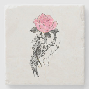 Goth Hand Skeleton med Rosa ros Inuti Stenunderlägg