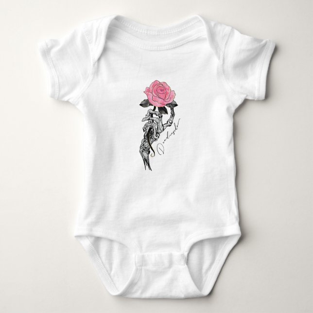 Goth Hand Skeleton med Rosa ros | Inuti T Shirt (Framsida)