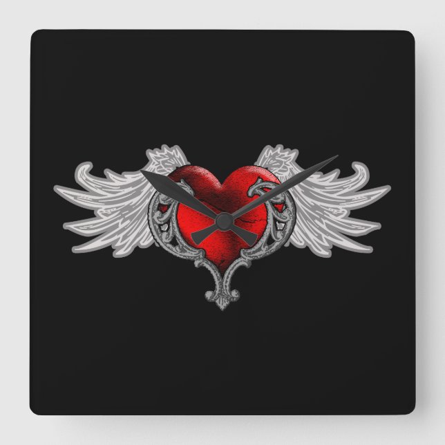 Goth Heart med Angel Vingar Fyrkantig Klocka (Framsida)