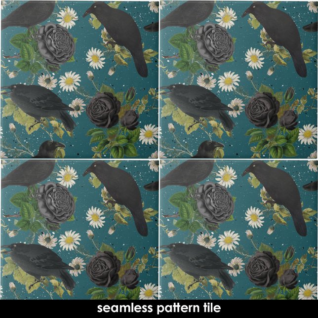 Goth Kråka Black Ro Deep Teal Seamless Mönster Kakelplatta (Black Crows & Roses Deep Teal Seamless Pattern Ceramic Tile)