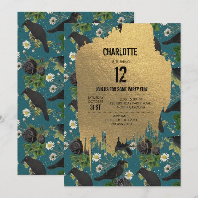 Goth Kråkas & Black Ro Teal Halloween Birthday Inbjudningar (Fram/baksida)