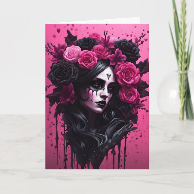 Goth kvinna rosa och svart Alla hjärtans dag Kort (Framsida)