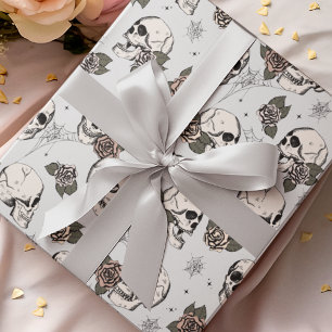 Goth Light Grått Skull och Flowers Halloween Presentpapper