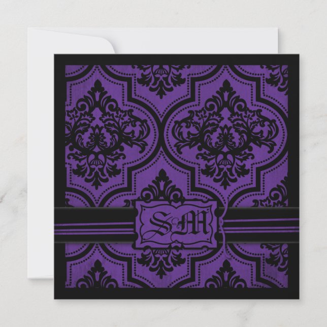 Goth Lila Black Damask bröllop inbjuden Inbjudningar (Framsida)