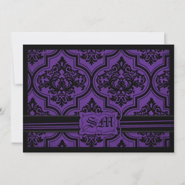 Goth Lila Black Damask Wedkuvert Inbjudningar (Framsida)