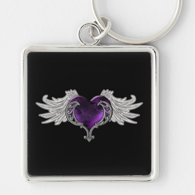 Goth Lila Heart med Angel Vingar Keychain Fyrkantig Silverfärgad Nyckelring (Framsidan)
