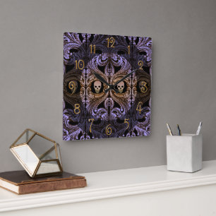 Goth Lila Ornament och Skull Fyrkantig Klocka