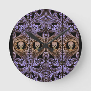 Goth Lila Ornament och Skull Rund Klocka