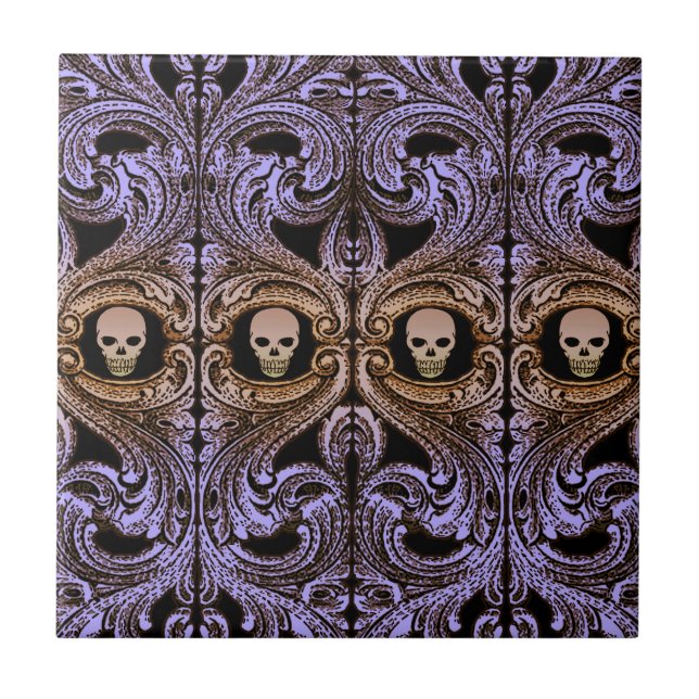 Goth Lila Ornament och Skull Tile Kakelplatta (Framsidan)