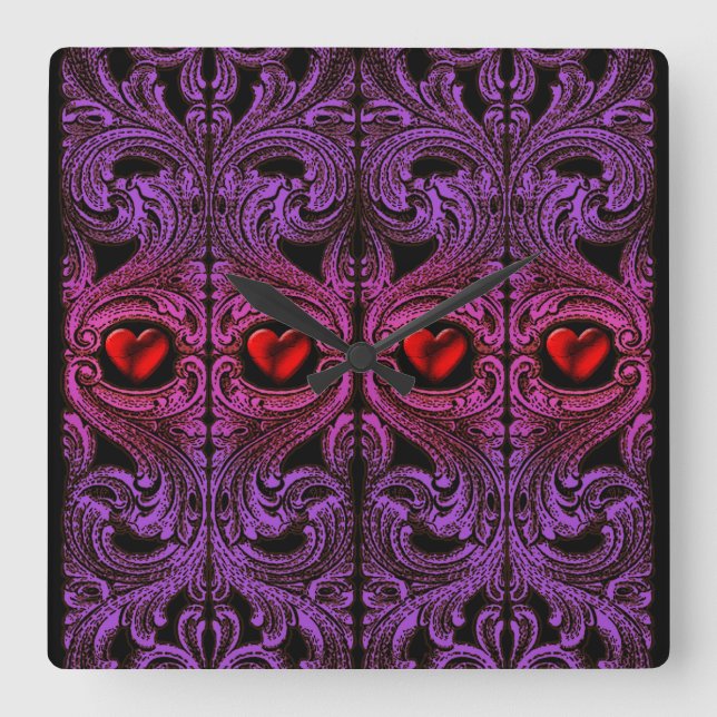Goth Lila Ornament with Heart Fyrkantig Klocka (Framsida)
